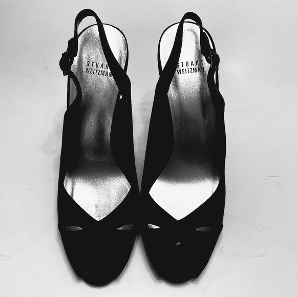 Stuart Weitzman Satin Peep Toe Slingback Heels - Picture 5 of 14